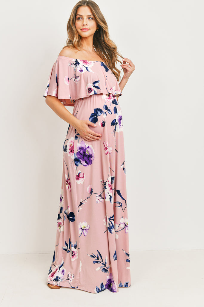 Mauve Floral Off Shoulder Maternity Maxi Dress