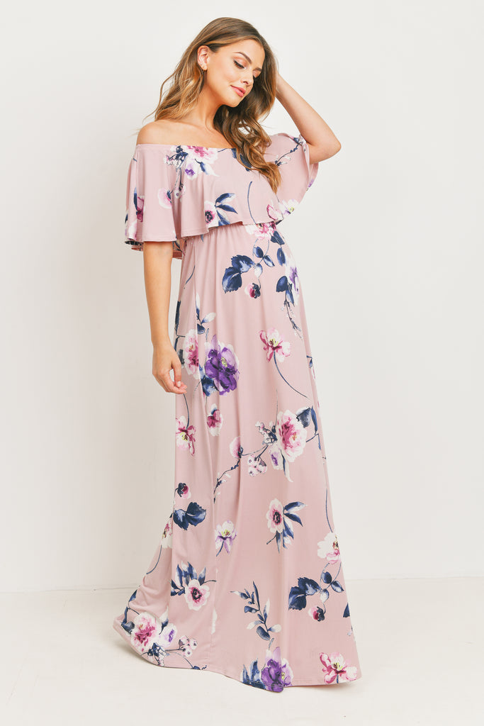 Mauve Floral Off Shoulder Maternity Maxi Dress