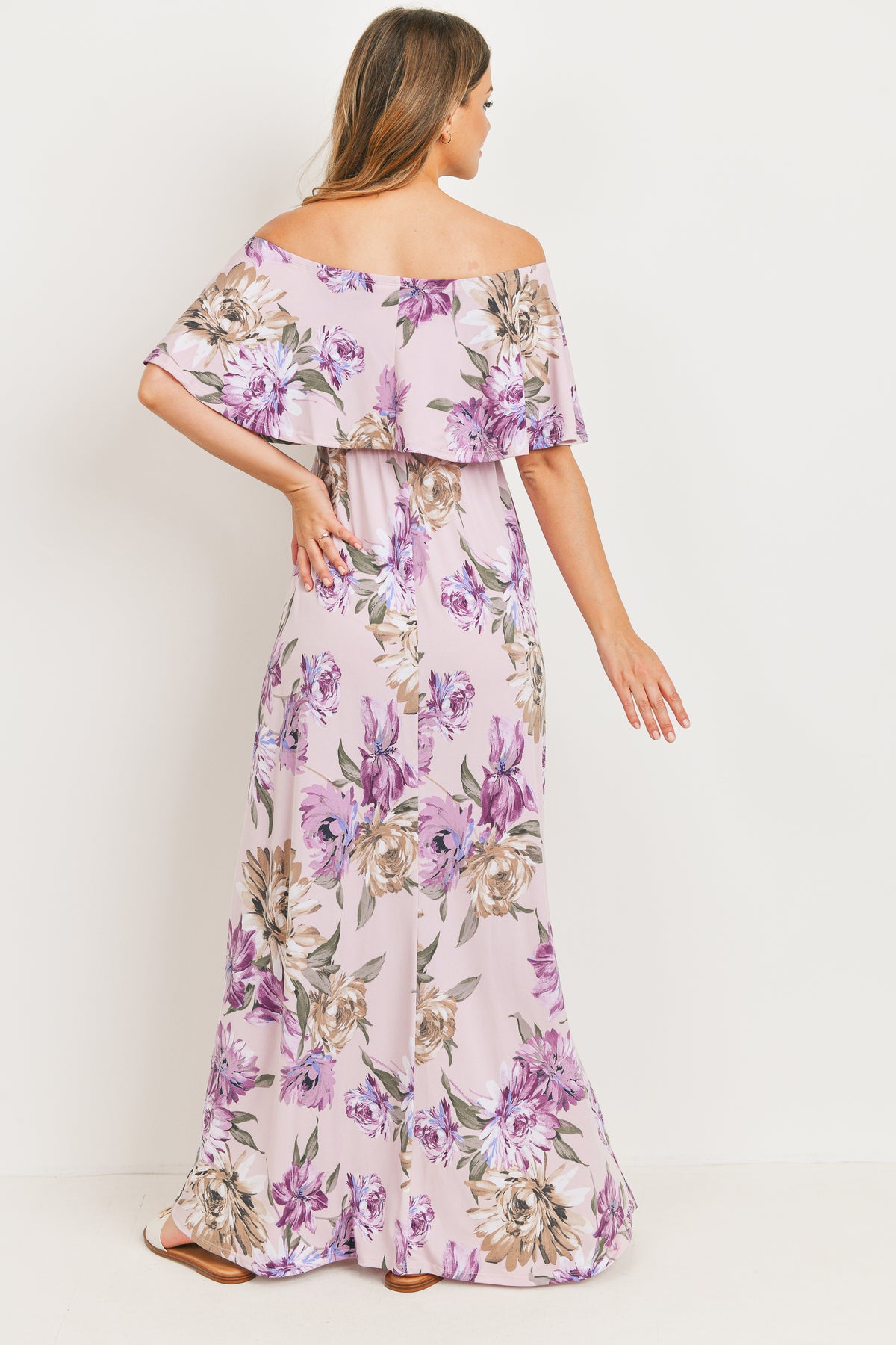 Lavender Ruffle Off The Shoulder Maxi Maternity Dress