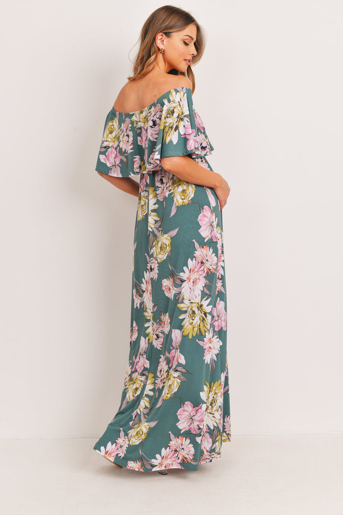 Teal Green Ruffle Off The Shoulder Maxi Maternity Dress