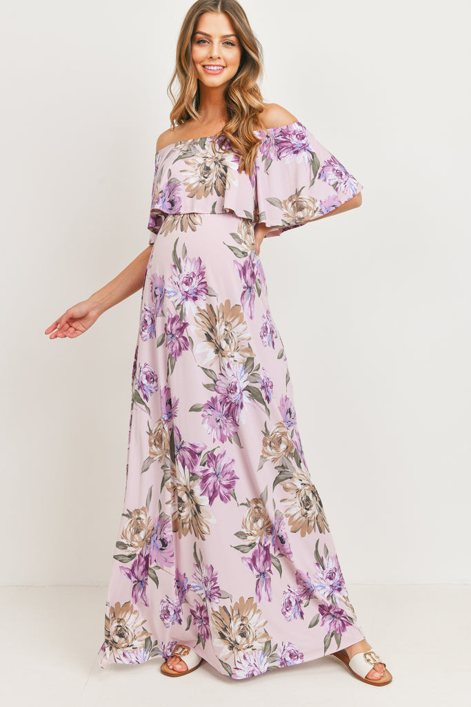 Lavender Ruffle Off The Shoulder Maxi Maternity Dress