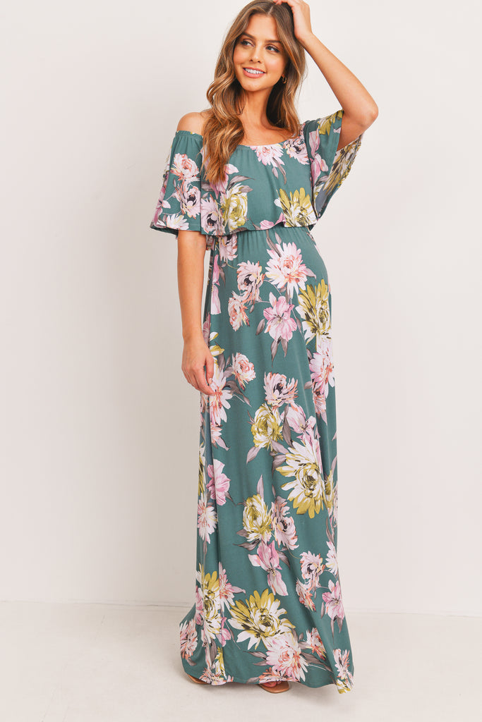 Teal Green Ruffle Off The Shoulder Maxi Maternity Dress