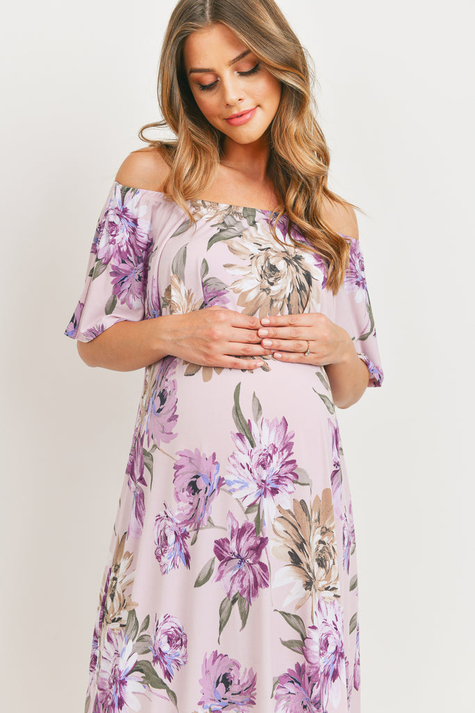 Lavender Ruffle Off The Shoulder Maxi Maternity Dress