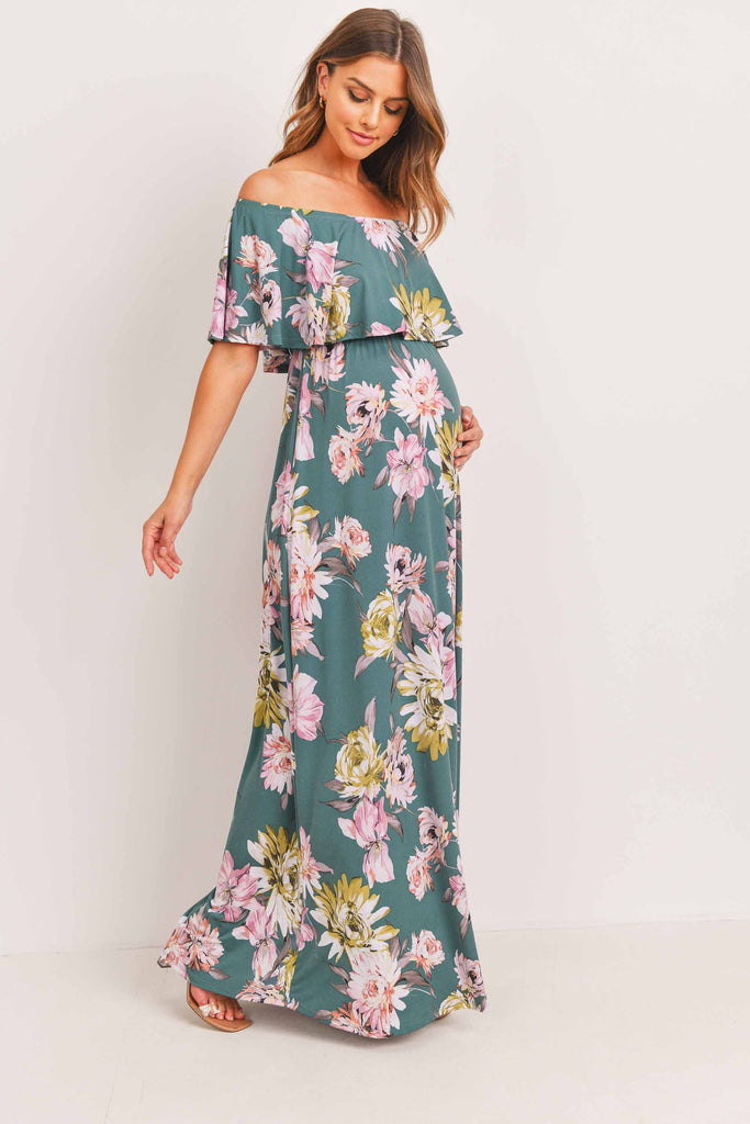 Teal Green Ruffle Off The Shoulder Maxi Maternity Dress