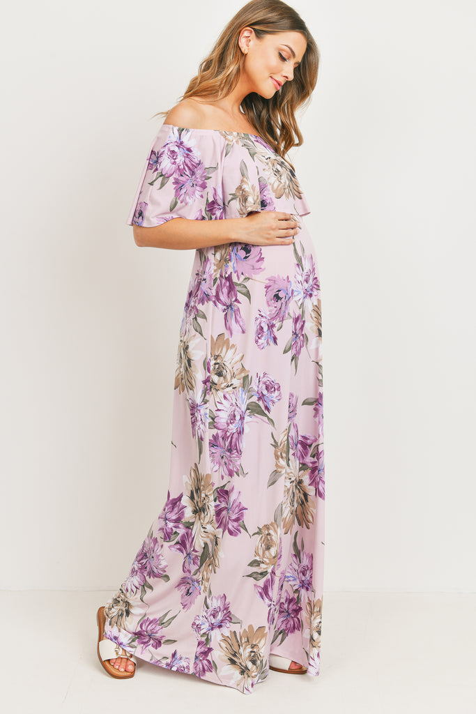 Lavender Ruffle Off The Shoulder Maxi Maternity Dress