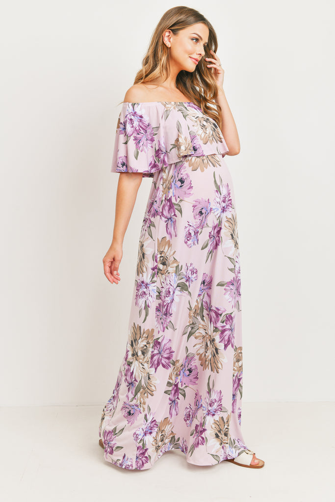 Lavender Ruffle Off The Shoulder Maxi Maternity Dress