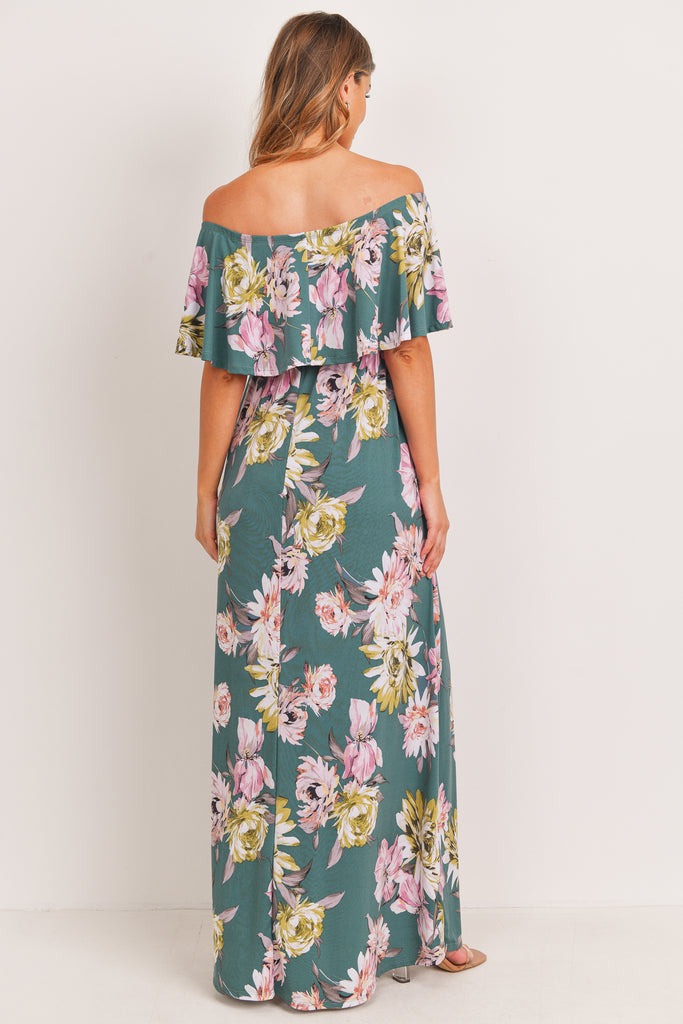 Teal Green Ruffle Off The Shoulder Maxi Maternity Dress