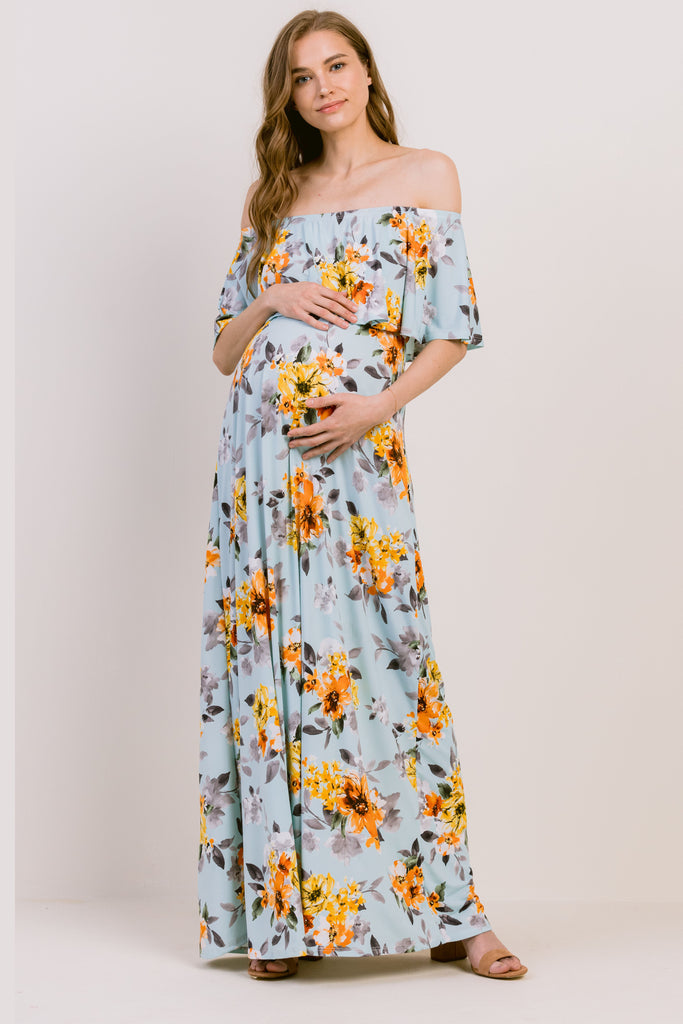 Blue Floral Off Shoulder Maternity Maxi Dress