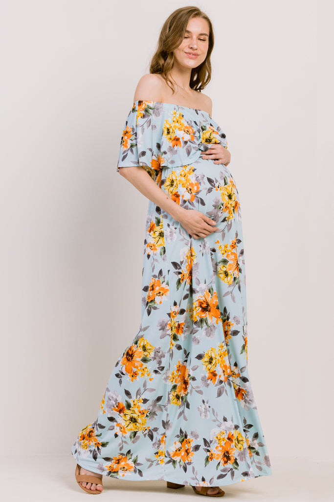 Blue Floral Off Shoulder Maternity Maxi Dress