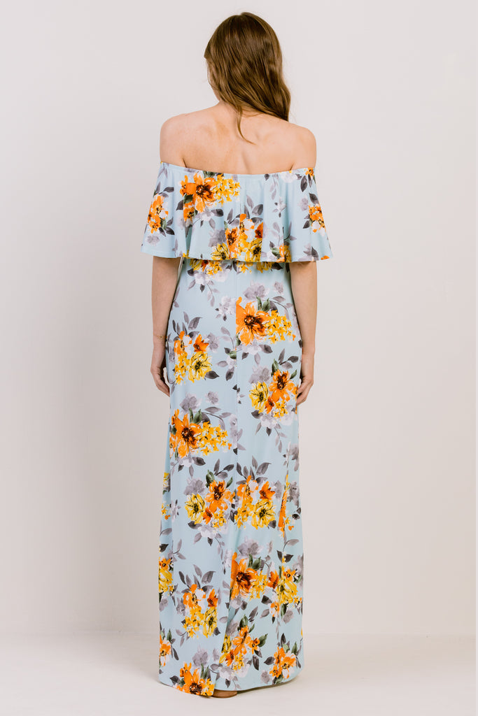 Blue Floral Off Shoulder Maternity Maxi Dress