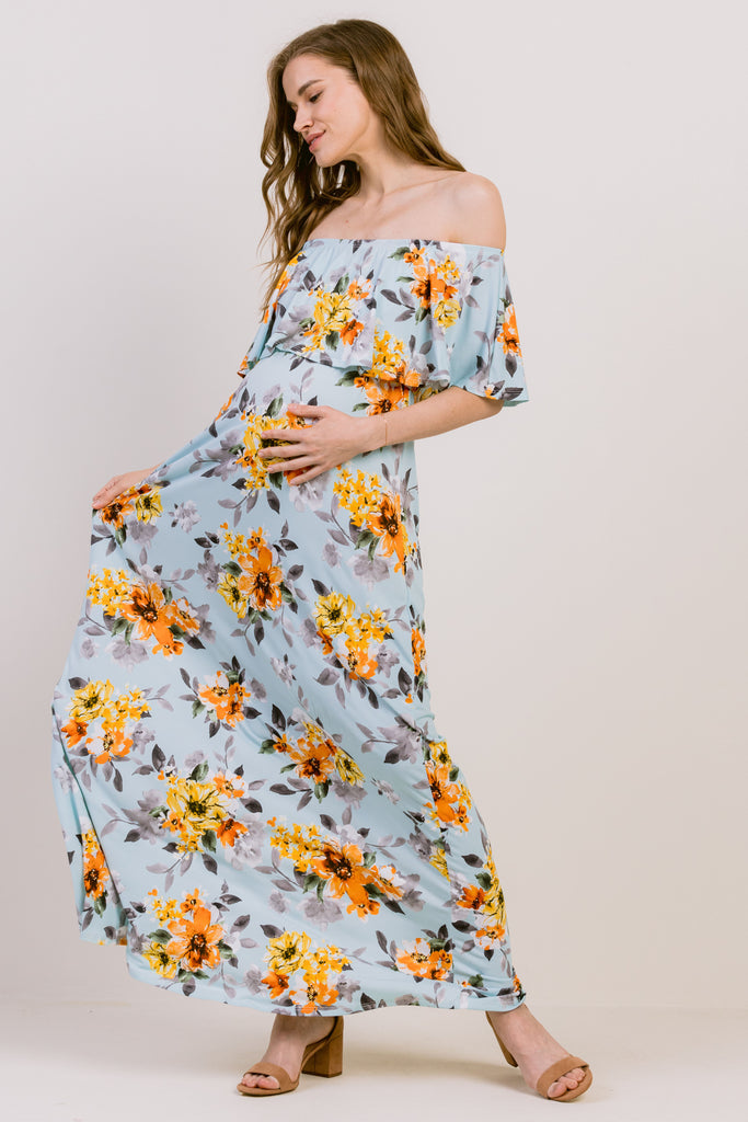 Blue Floral Off Shoulder Maternity Maxi Dress