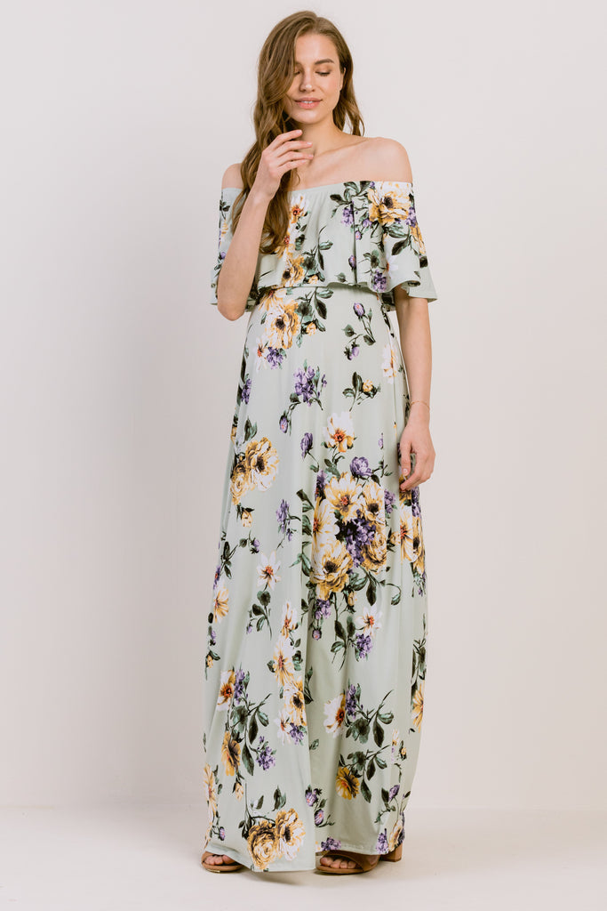 Sage Floral Off Shoulder Maternity Maxi Dress