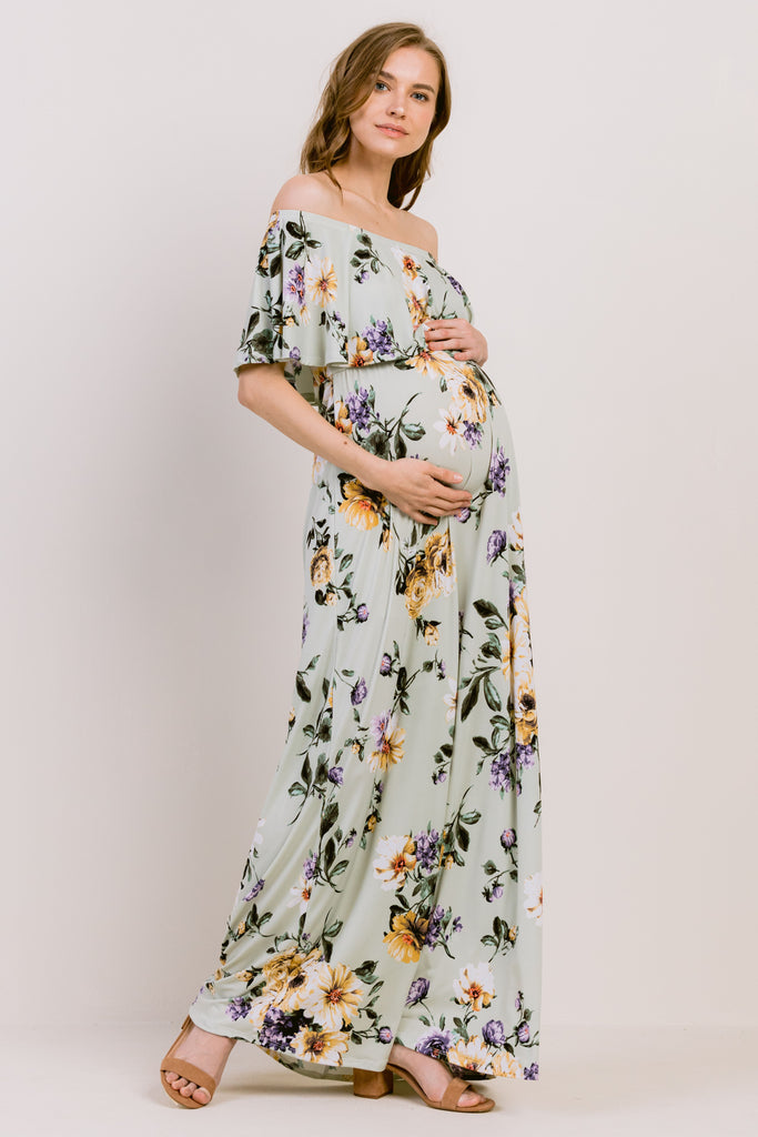 Sage Floral Off Shoulder Maternity Maxi Dress