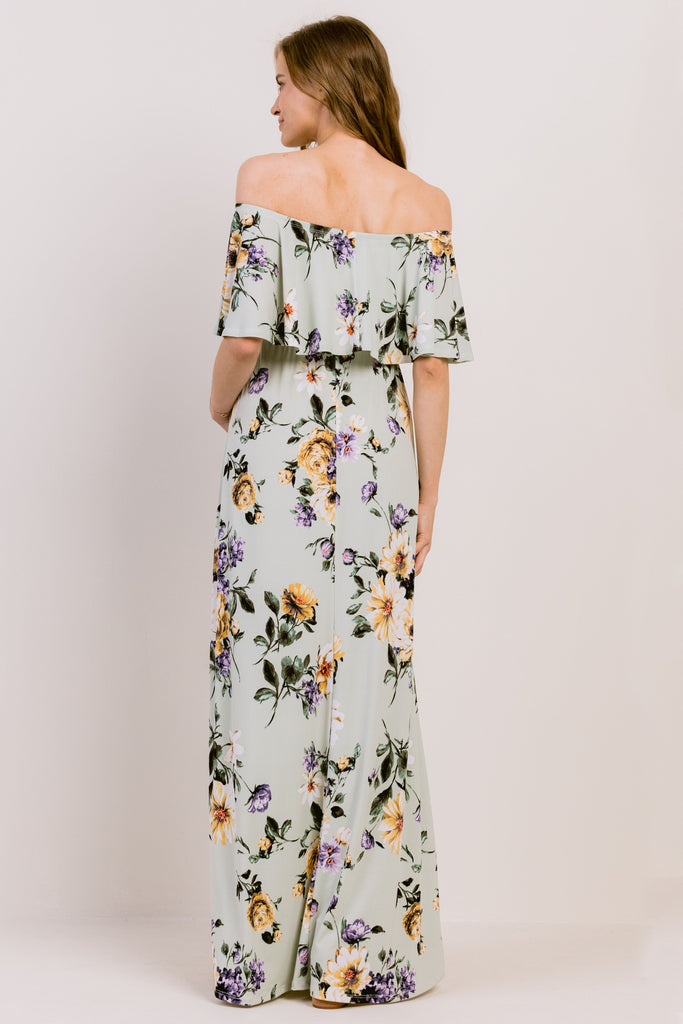 Sage Floral Off Shoulder Maternity Maxi Dress