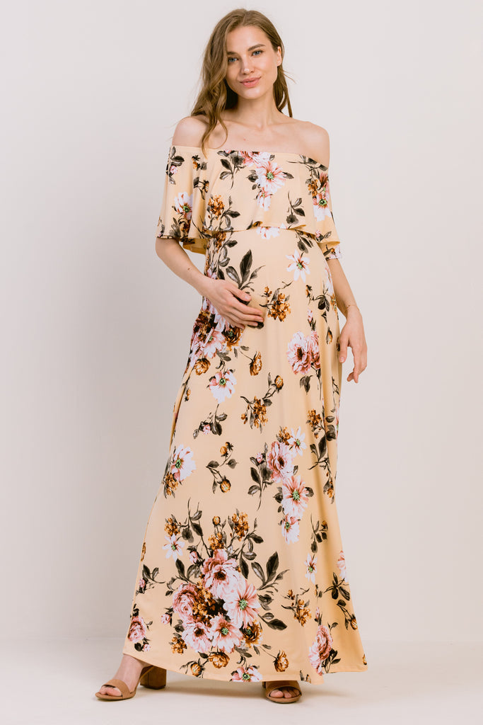 Mustard Floral Off Shoulder Maternity Maxi Dress