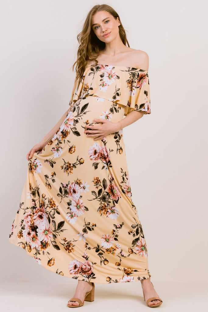 Mustard Floral Off Shoulder Maternity Maxi Dress