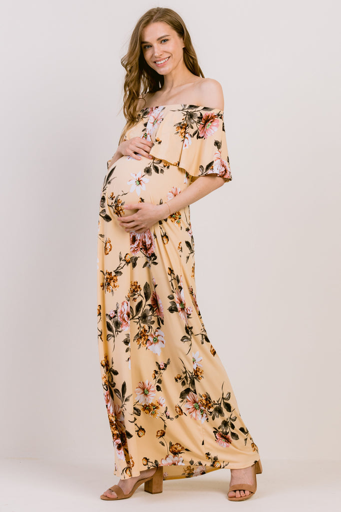 Mustard Floral Off Shoulder Maternity Maxi Dress