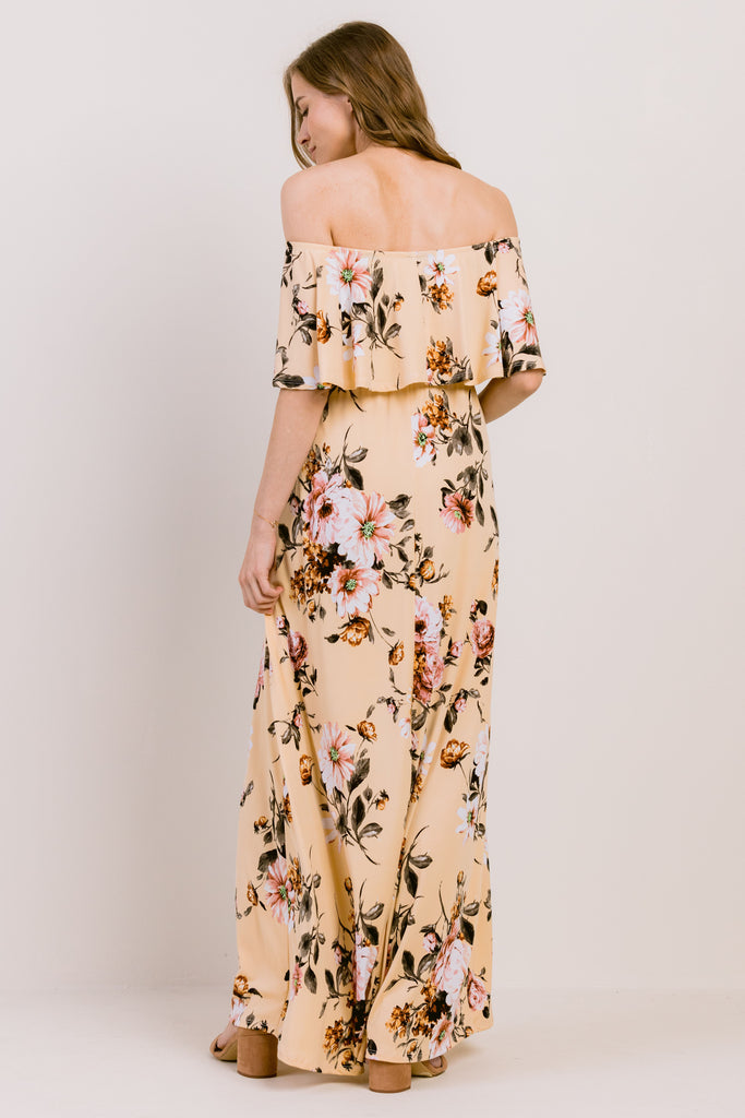 Mustard Floral Off Shoulder Maternity Maxi Dress