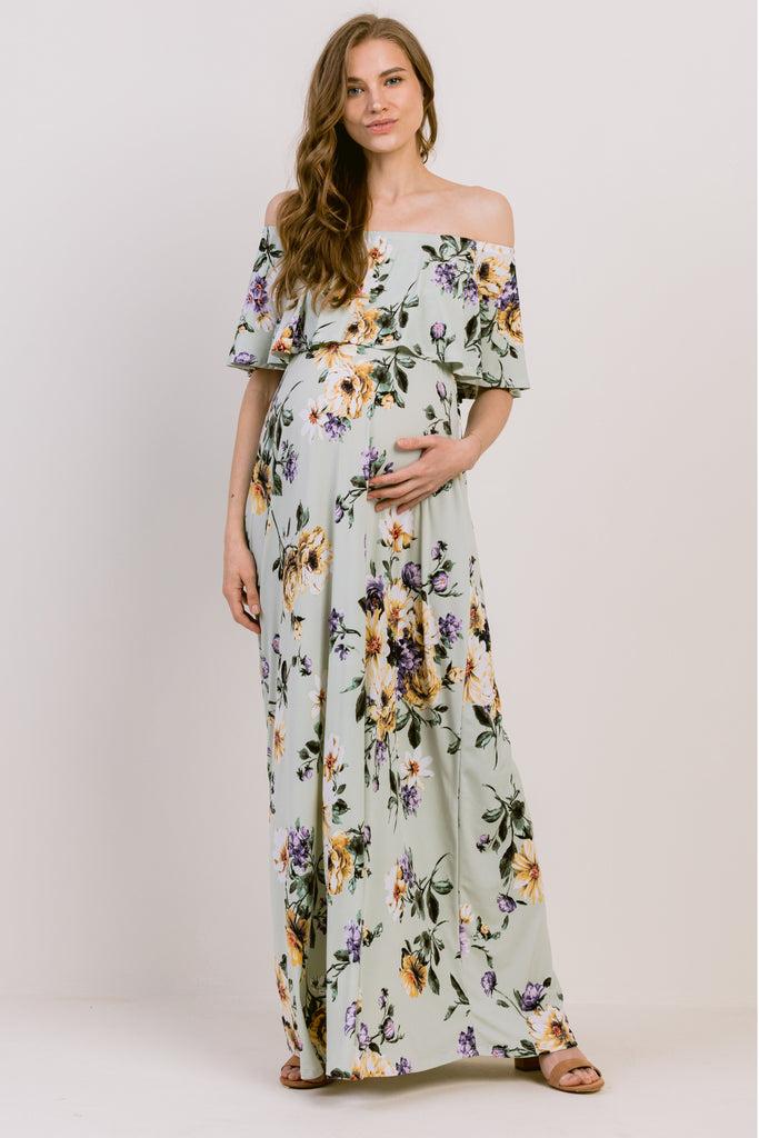 Sage Floral Off Shoulder Maternity Maxi Dress