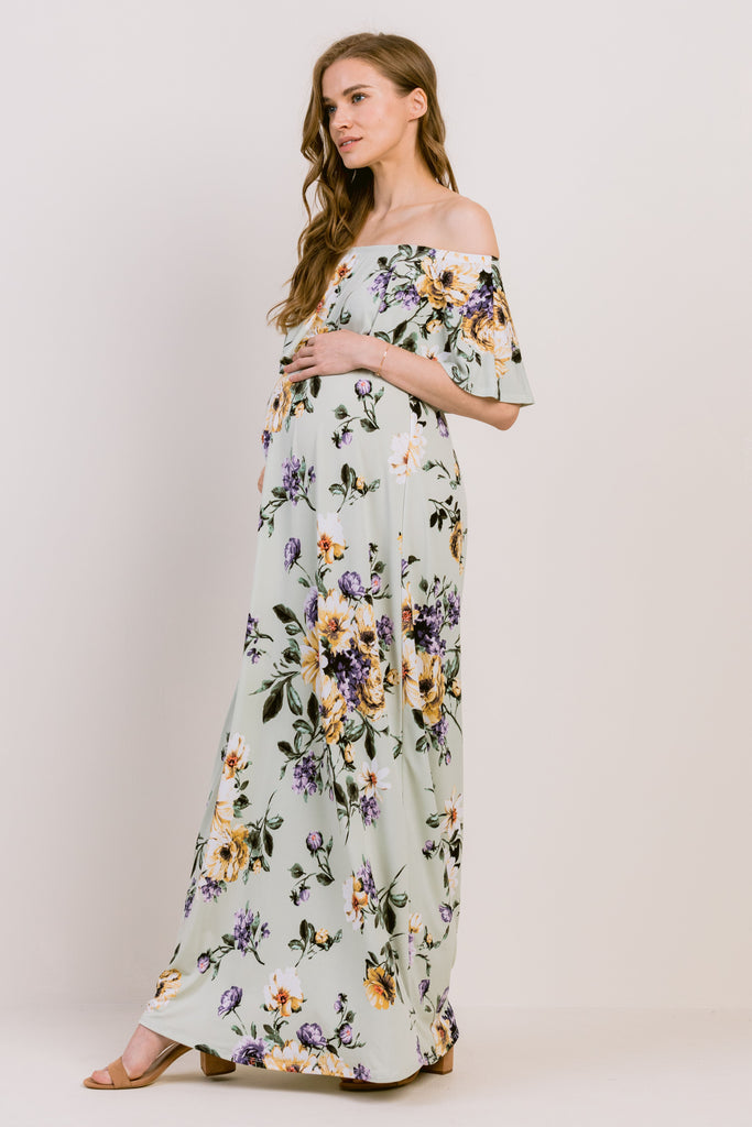 Sage Floral Off Shoulder Maternity Maxi Dress