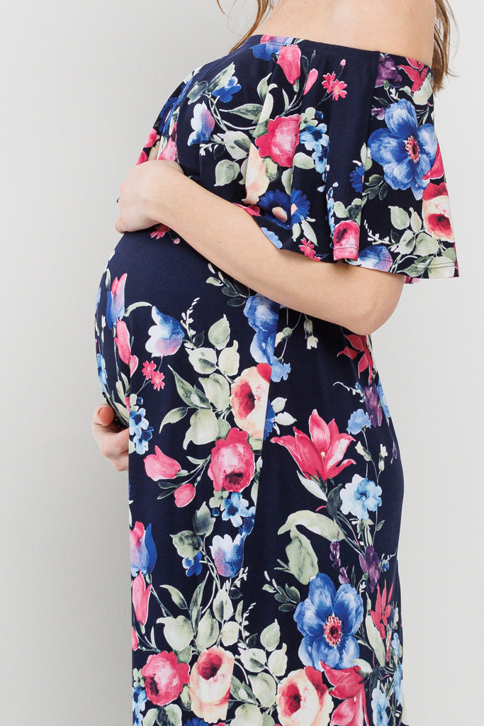 Navy Floral Ruffle Off Shoulder Maxi Maternity Dress