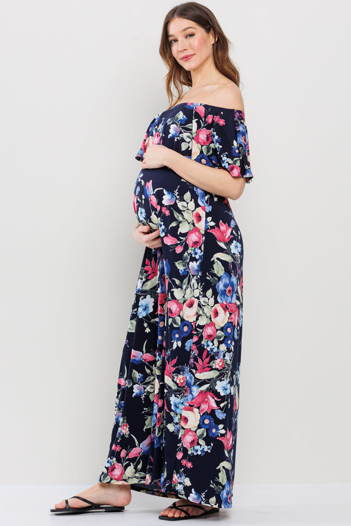 Navy Floral Ruffle Off Shoulder Maxi Maternity Dress