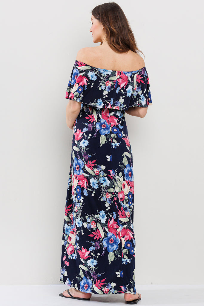 Navy Floral Ruffle Off Shoulder Maxi Maternity Dress