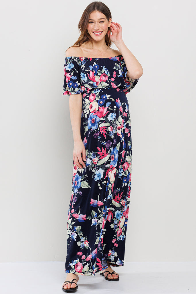 Navy Floral Ruffle Off Shoulder Maxi Maternity Dress