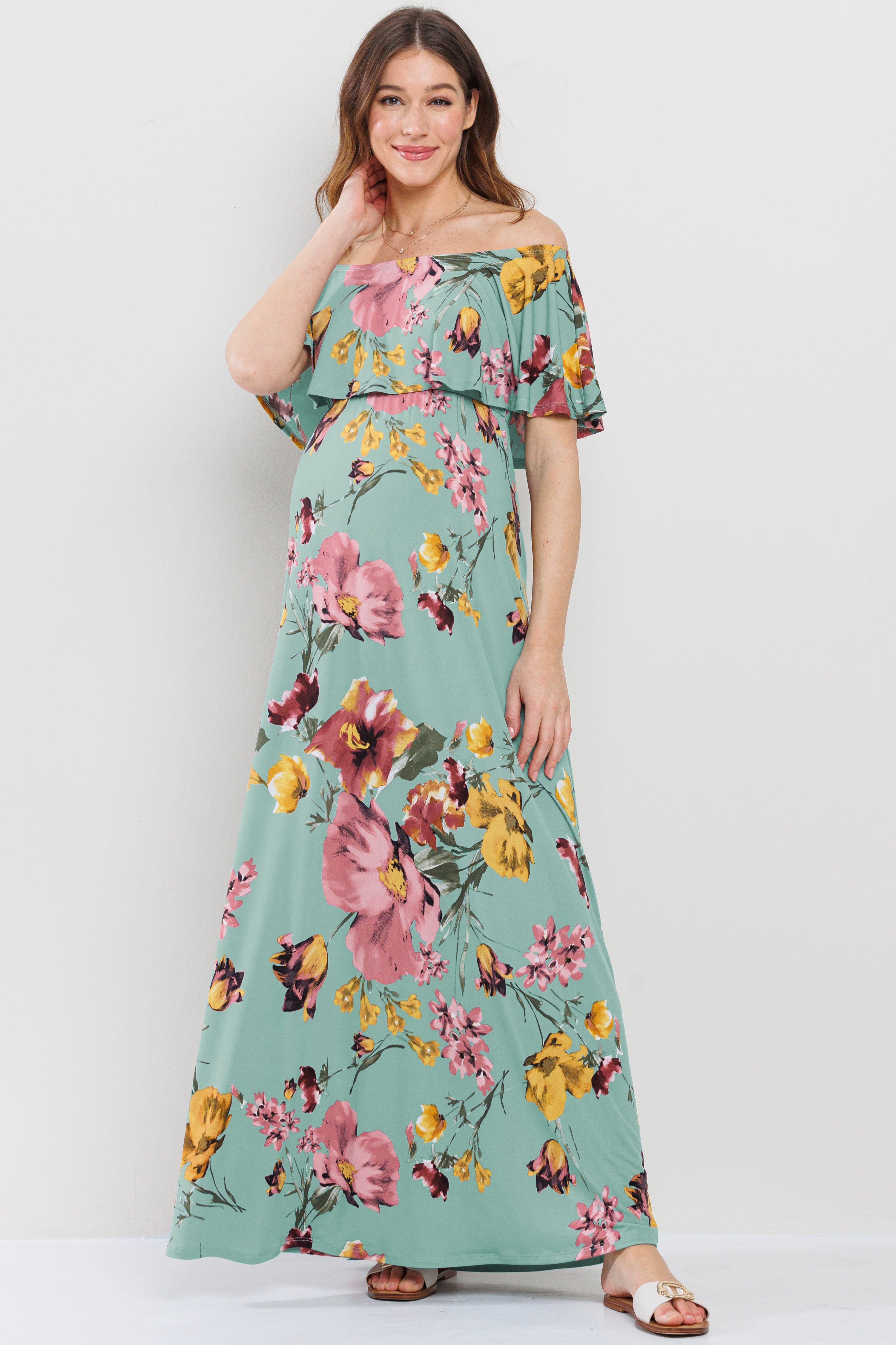 Floral Ruffle Off Shoulder Maxi Maternity Dress Mint / Large Floral Ruffle Off Shoulder Maxi Maternity Dress Mint / Large