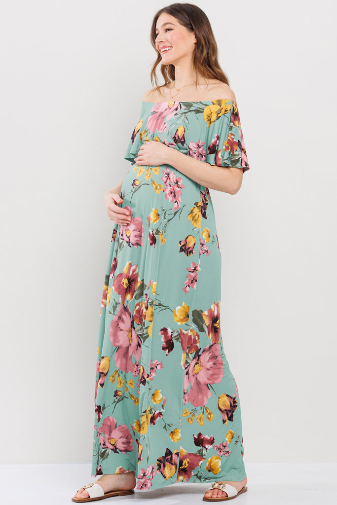 Mint Floral Ruffle Off Shoulder Maxi Maternity Dress