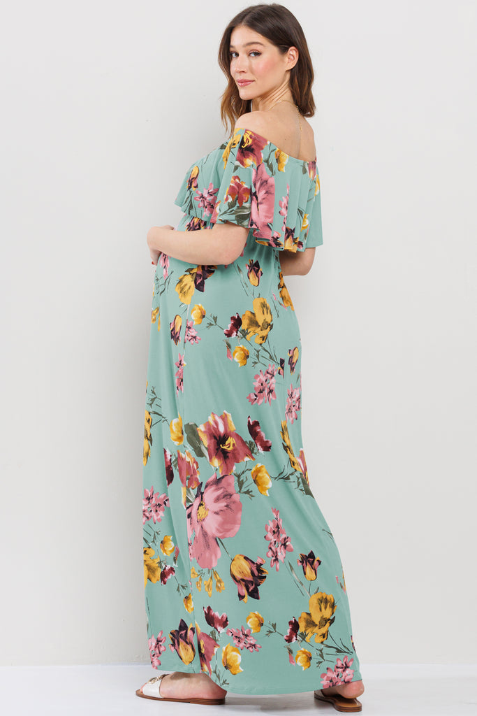 Mint Floral Ruffle Off Shoulder Maxi Maternity Dress