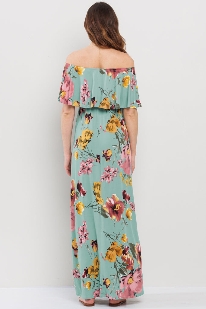 Mint Floral Ruffle Off Shoulder Maxi Maternity Dress