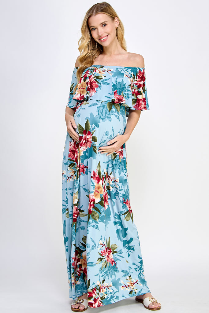 Blue Ruffle Off The Shoulder Maxi Maternity Dress