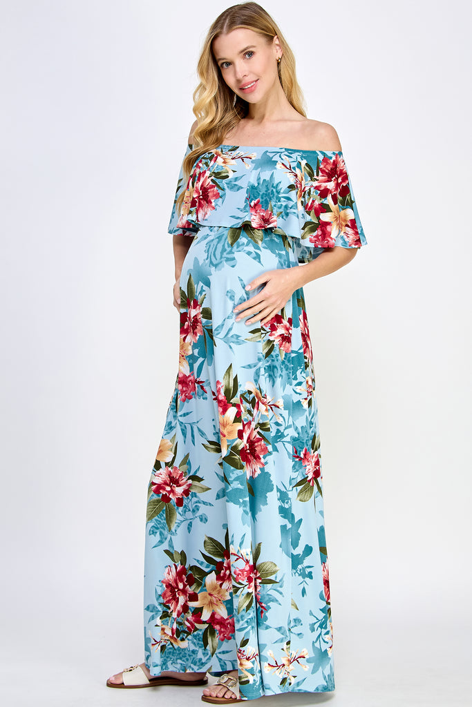 Blue Ruffle Off The Shoulder Maxi Maternity Dress