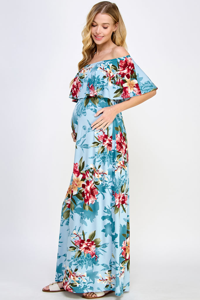 Blue Ruffle Off The Shoulder Maxi Maternity Dress