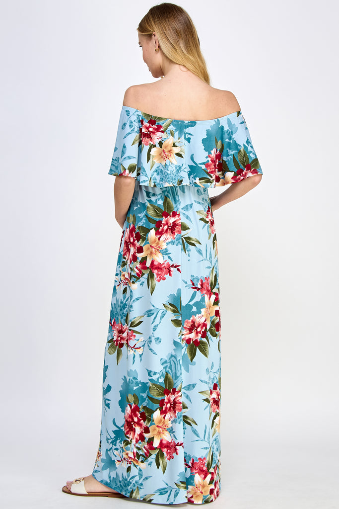 Blue Ruffle Off The Shoulder Maxi Maternity Dress