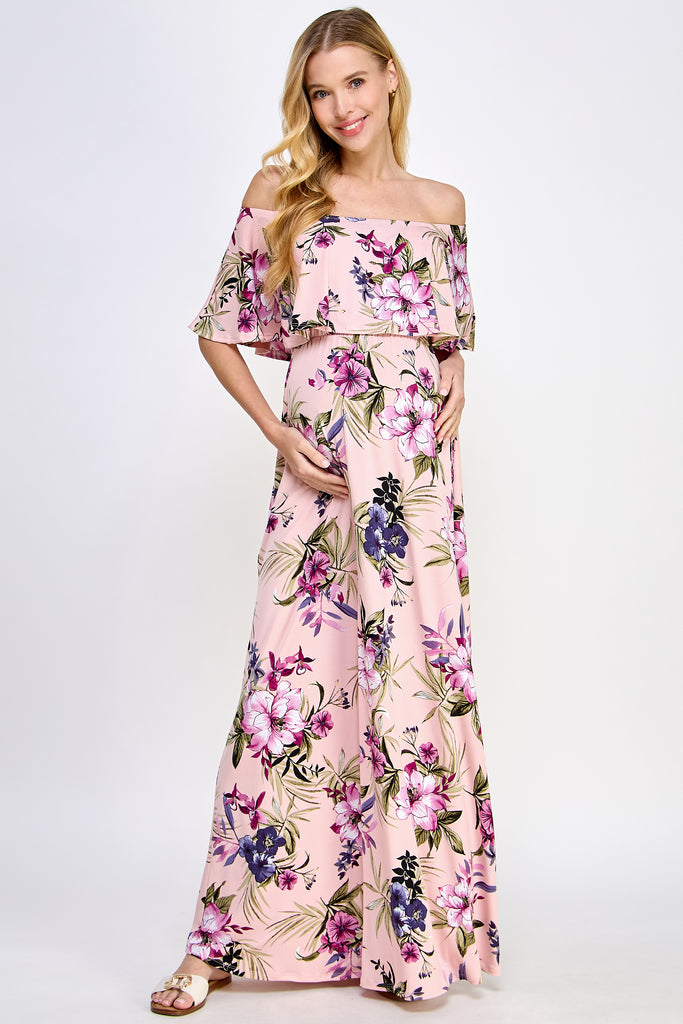 Pink Ruffle Off The Shoulder Maxi Maternity Dress