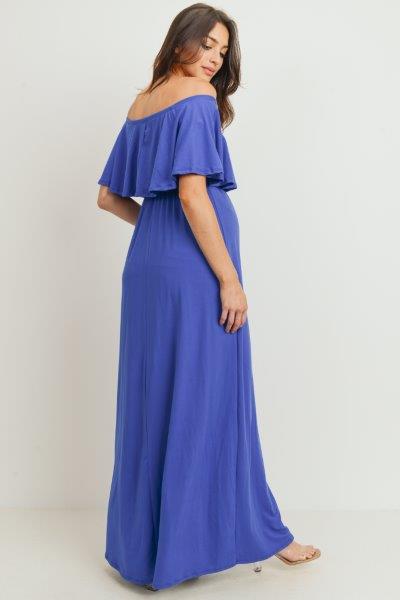 Royal Blue Ruffle Off Shoulder Solid Maternity Dress