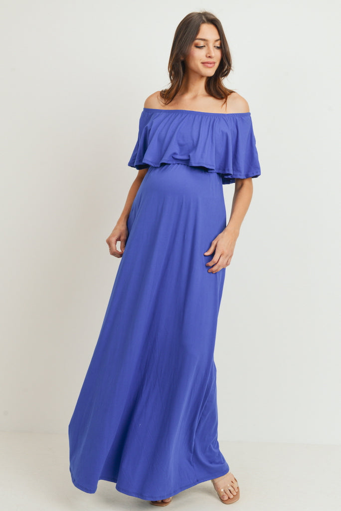 Royal Blue Ruffle Off Shoulder Solid Maternity Dress