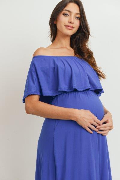 Royal Blue Ruffle Off Shoulder Solid Maternity Dress