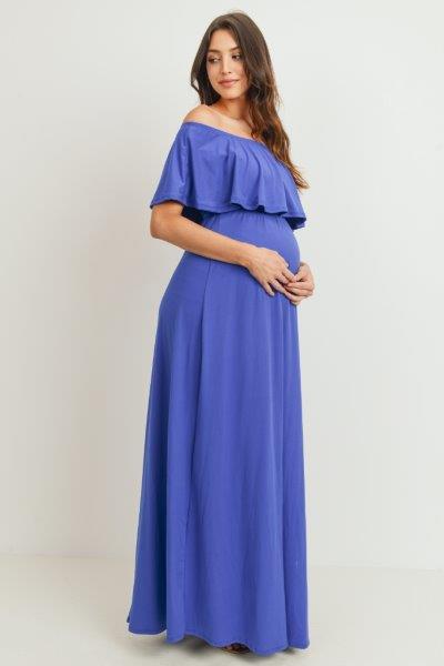 Royal Blue Ruffle Off Shoulder Solid Maternity Dress