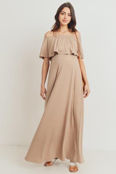 Taupe Ruffle Off Shoulder Solid Maternity Dress