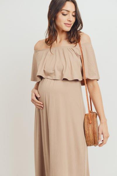 Taupe Ruffle Off Shoulder Solid Maternity Dress