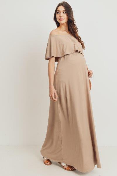 Taupe Ruffle Off Shoulder Solid Maternity Dress
