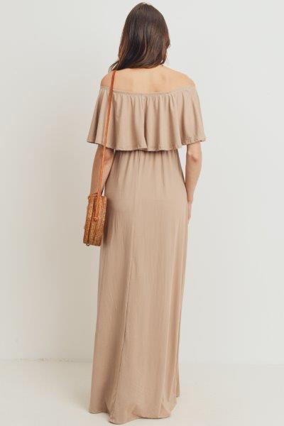 ruffle off shoulder maternity dress Momyknows Ruffle Off Shoulder Long Sleeve Bodycon Baby Shower Maternity Midi Dress, Apricot / XL