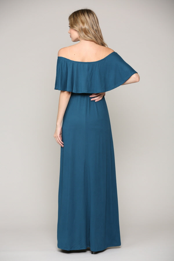 Teal Ruffle Off Shoulder Solid Maternity Dress