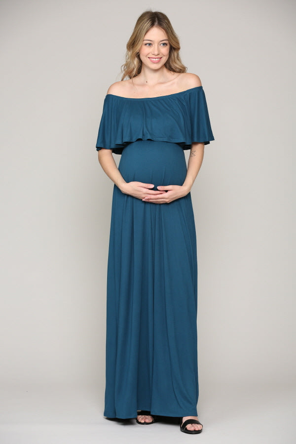 Teal Ruffle Off Shoulder Solid Maternity Dress