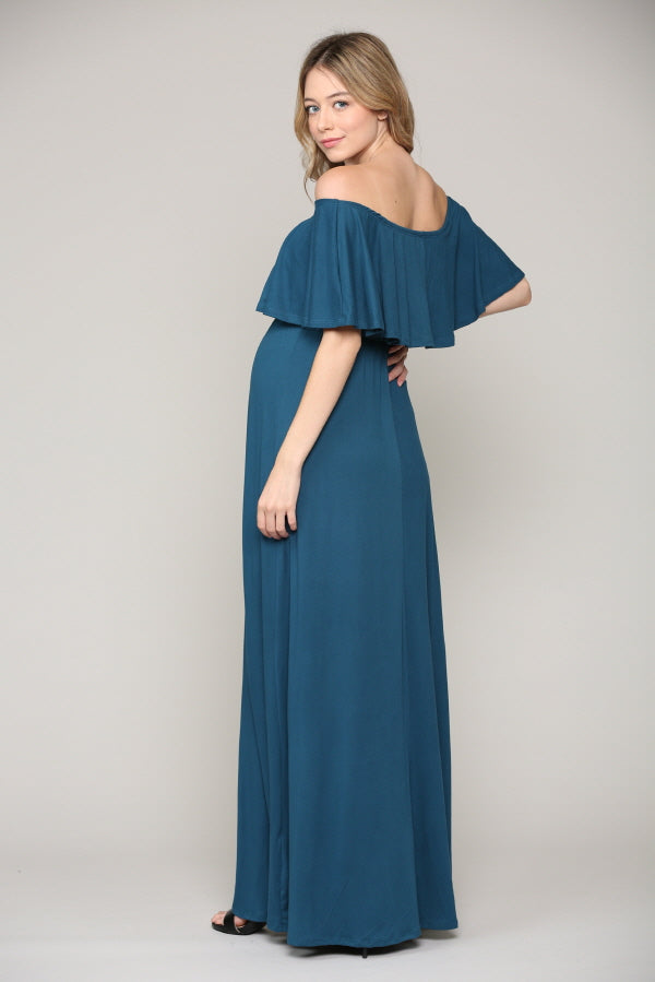 Teal Ruffle Off Shoulder Solid Maternity Dress