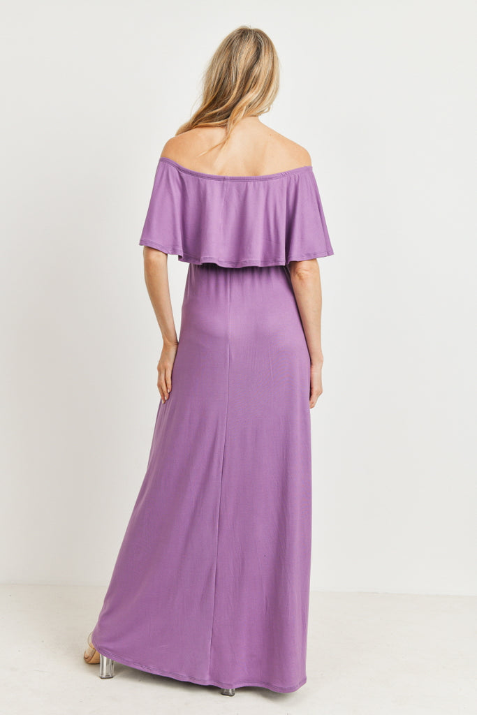 Lilac Ruffle Off Shoulder Solid Maternity Dress