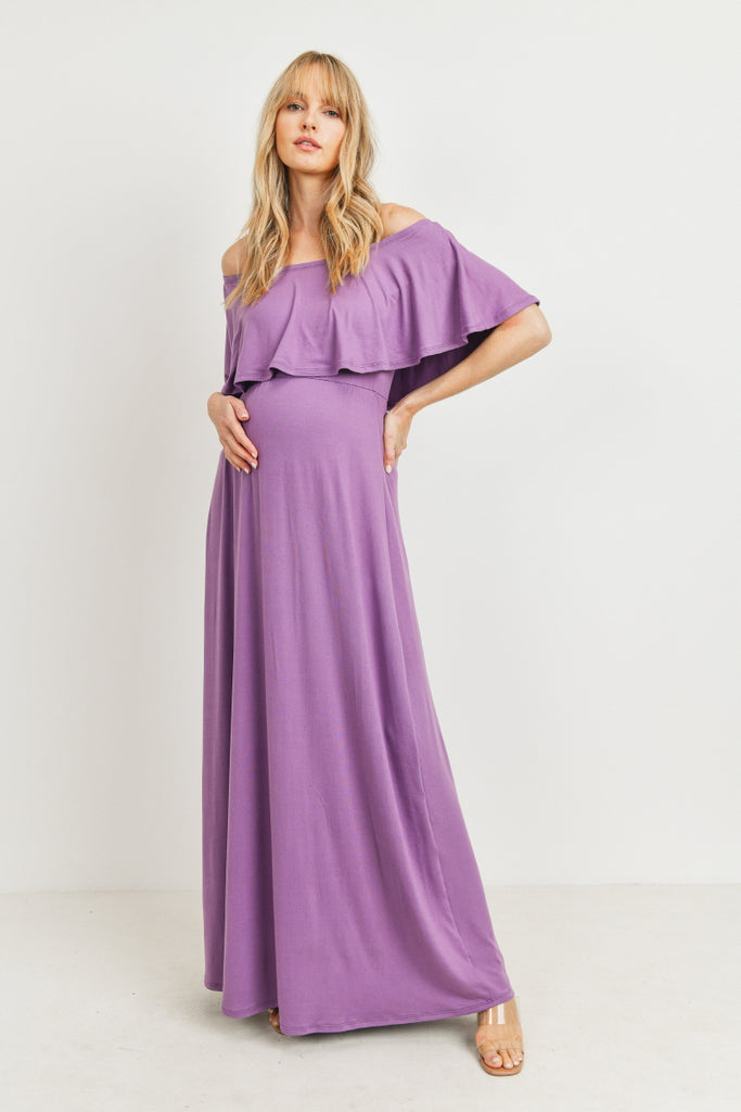 Lilac Ruffle Off Shoulder Solid Maternity Dress